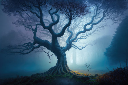 magical tree, with branches reaching out to the sky, surrounded by misty forest, created with generative aiの素材