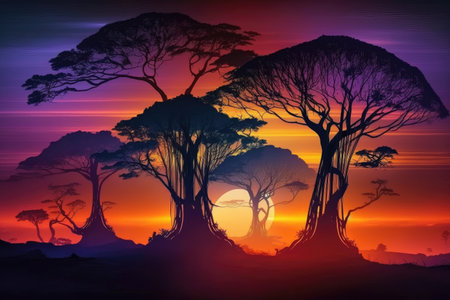 mystical trees with vibrant sunrise in the background, created with generative aiの素材