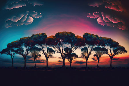 rows of mystical trees in the sunset, with colorful sky and clouds, created with generative aiの素材