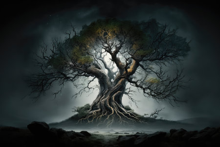 mystical tree surrounded by misty fog on a dark and stormy night, created with generative aiの素材