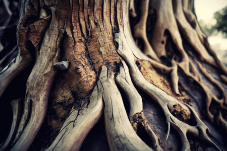close-up of tree trunk, with the bark and roots visible, created with generative aiの素材