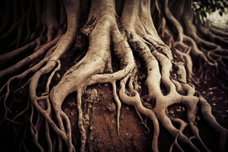close-up of tree trunk, with the bark and roots visible, created with generative aiの素材
