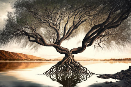 tree with branches spread out over lake, bringing peace and serenity, created with generative aiの素材