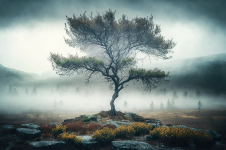 solitary tree, surrounded by misty landscape, in mystical forest, created with generative aiの素材