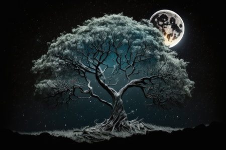 mystical tree, with moon and starry sky visible, against a dark night sky, created with generative aiの素材
