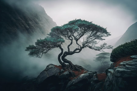 high-angle shot of mystical tree surrounded by mist in the mountains, created with generative aiの素材