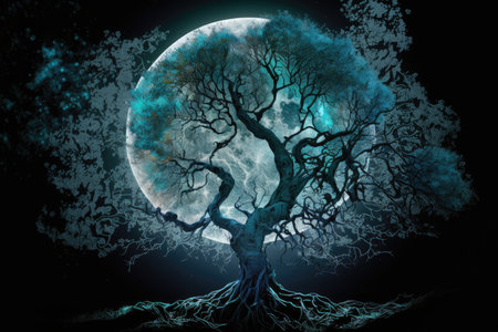 mystical tree, with moonlight shining through its branches and leaves, created with generative aiの素材