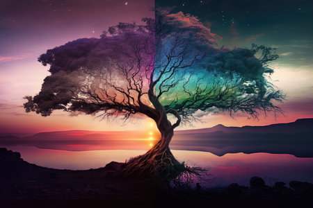 snapshot of mystical tree with colorful sunset in the background, created with generative aiの素材