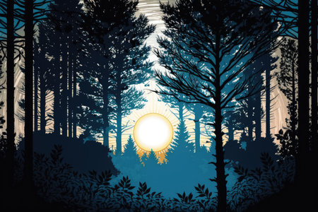 forest with blue sky and rising sun, providing a glimpse of the new day, created with generative aiの素材