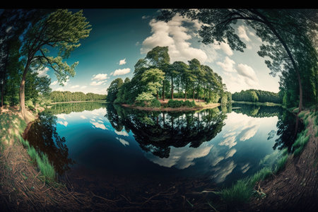 panorama of lush forest with towering trees and tranquil lakes, created with generative aiの素材