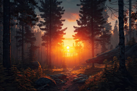 sunrise in forest, with the sun peeking over the horizon, created with generative aiの素材