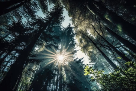 majestic forest with clear view of the sky and sunlight streaming through the trees, created with generative aiの素材