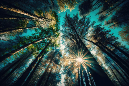 majestic forest with clear view of the sky and sunlight streaming through the trees, created with generative aiの素材