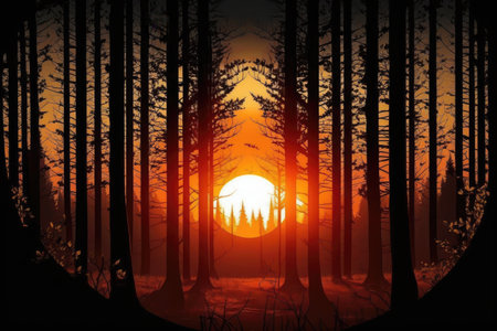 sunset view of forest, with the sun setting behind the trees, created with generative aiの素材