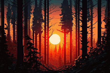 sunset view of forest, with the sun setting behind the trees, created with generative aiの素材
