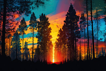 panorama of forest with sunset, showing vibrant colors in the sky and on the trees, created with generative aiの素材