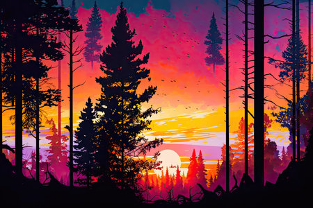 panorama of forest with sunset, showing vibrant colors in the sky and on the trees, created with generative aiの素材