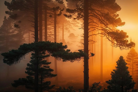 majestic pine forest with misty morning fog and orange sunrise, created with generative aiの素材