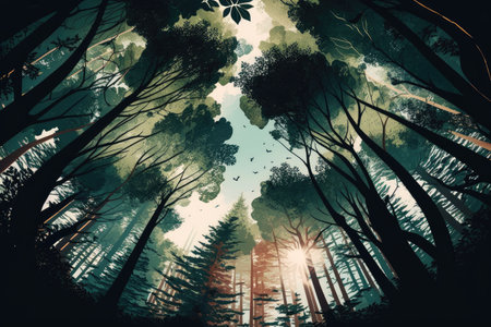 panorama of a dense forest, with trees stretching to the sky and sunlight filtering through the leaves, created with generative aiの素材
