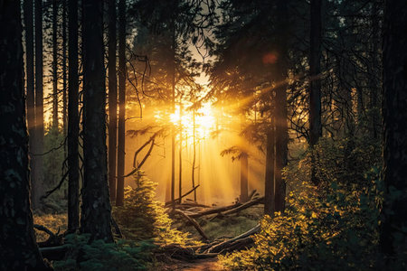 forest with view of the sunrise, showing golden sunlight breaking through the trees, created with generative aiの素材