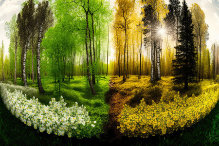 panorama of the forest in spring, with freshly blooming flowers and budding trees, created with generative aiの素材