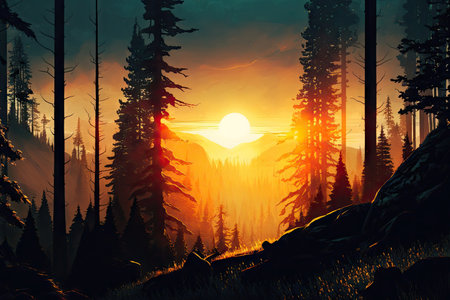 forest with a view of the sunrise, bringing new light to the day, created with generative aiの素材