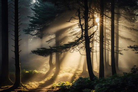 forest, with misty morning sunlight breaking through the trees, created with generative aiの素材