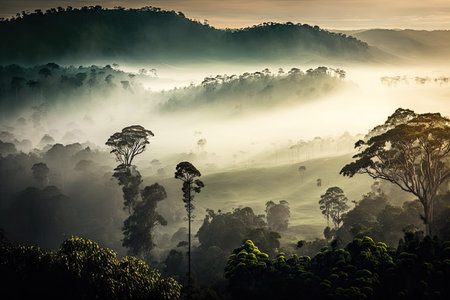 panoramic view of forest with mist rising from the lowlands, created with generative aiの素材