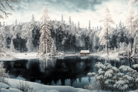 panorama of forest during winter, with snowy trees and frozen lakes, created with generative aiの素材