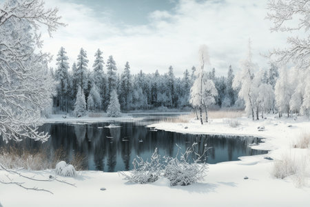 panorama of forest during winter, with snowy trees and frozen lakes, created with generative aiの素材