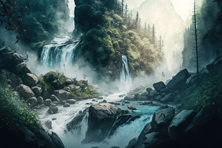 forest panorama with view of misty waterfall and crashing water, created with generative aiの素材