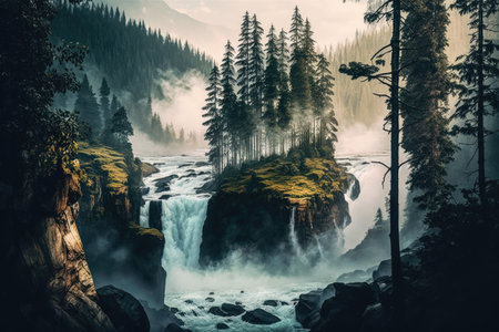 forest panorama with view of misty waterfall and crashing water, created with generative aiの素材