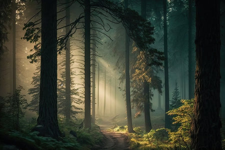 majestic forest with misty morning light, created with generative aiの素材