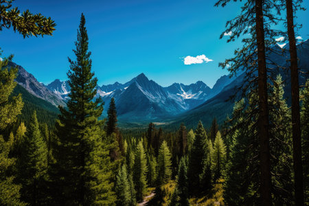 majestic forest surrounded by mountains and clear blue skies, created with generative aiの素材