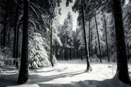 snow-covered forest with blanket of white on the ground and trees, created with generative aiの素材