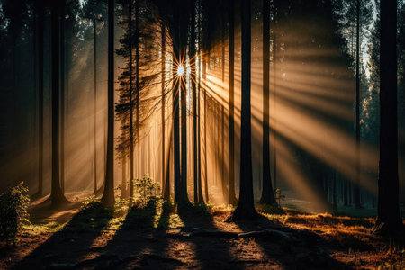 forest at sunrise with rays of warm light shining through the trees, created with generative aiの素材