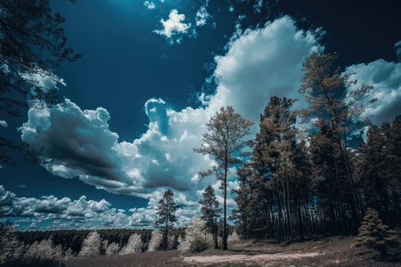 clear blue sky above forest with clouds, providing a dramatic backdrop, created with generative aiの素材