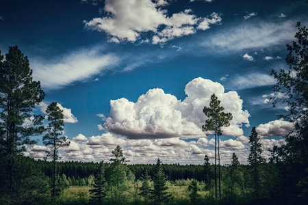 clear blue sky above forest with clouds, providing a dramatic backdrop, created with generative aiの素材
