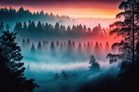 panoramic view of forest with misty morning fog, and colorful sunrise in the background, created with generative aiの素材
