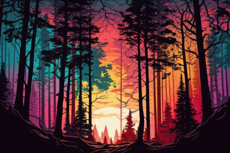 majestic forest with view of the sunrise, showcasing colorful sky and trees, created with generative aiの素材