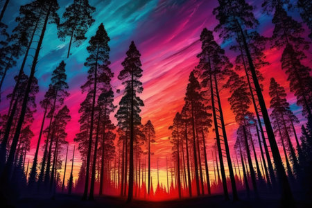 majestic forest with view of the sunrise, showcasing colorful sky and trees, created with generative aiの素材