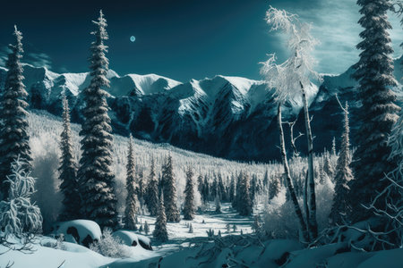 panorama of snowy forest with blanketed trees and mountains in the background, created with generative aiの素材