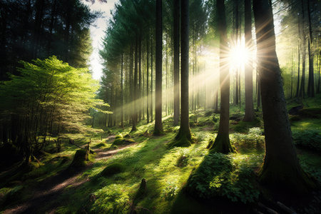 panoramic view of towering trees and lush greenery with the sun shining through in forest, created with generative aiの素材