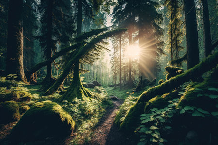 panoramic view of towering trees and lush greenery with the sun shining through in forest, created with generative aiの素材