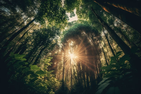 panoramic view of towering trees and lush greenery with the sun shining through in forest, created with generative aiの素材