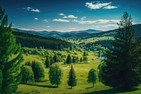 majestic forest with rolling hills and clear blue sky, perfect place for a picnic, created with generative aiの素材