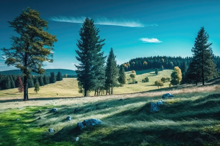 majestic forest with rolling hills and clear blue sky, perfect place for a picnic, created with generative aiの素材