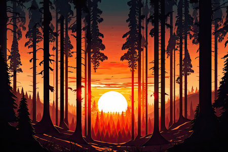 sunset view of forest, with the sun setting behind the trees, created with generative aiの素材