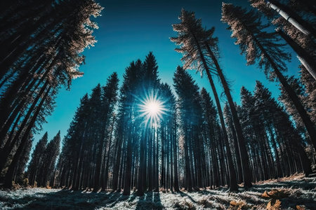 forest with clear blue sky and sun shining through the trees, created with generative aiの素材