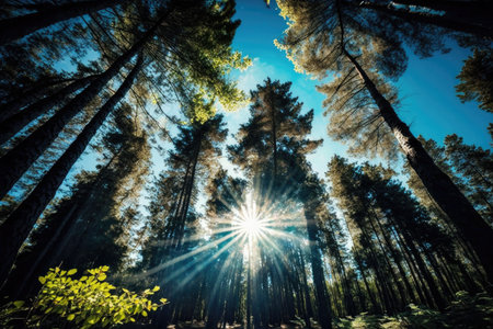 forest with clear blue sky and sun shining through the trees, created with generative aiの素材
